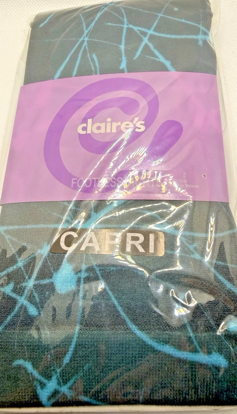 Claires Footless Tights Black Aqua Blue Scribble Womens Size S/M New
